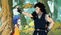 Rule 34 | 1boy, 1girl, animated, animated gif, bag, bare shoulders, black hair, blue hair, fairy tail, flat chest, forest, gajeel redfox, levy mcgarden, long hair, lowres, nature, short hair, smile