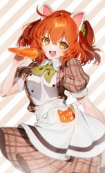 Rule 34 | 1girl, ahoge, animal ears, blush, breasts, carrot, commentary request, fate/grand order, fate (series), food, fujimaru ritsuka (female), galibo, hair ornament, hair scrunchie, highres, holding, holding carrot, holding food, looking at viewer, official alternate costume, one side up, open mouth, orange eyes, orange hair, scrunchie, short hair, smile, solo