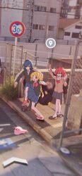 Rule 34 | 3girls, ahoge, animalization, black skirt, blonde hair, blue hair, blue skirt, bocchi the rock!, bow, bowtie, brown cardigan, brown eyes, brown footwear, cardigan, chain-link fence, closed mouth, collared shirt, commentary, day, fence, full body, google maps, google street view, gotoh hitori, green eyes, high school girls posing for google street view (meme), highres, hiro 0607, ijichi nijika, kita ikuyo, loafers, long hair, long sleeves, meme, multiple girls, one eye closed, one side up, open mouth, outdoors, photo background, pleated skirt, red bow, red bowtie, red footwear, red hair, school uniform, shimokitazawa high school uniform, shirt, shoes, short hair, shuka high school uniform, side ponytail, sidelocks, sidewalk, skirt, smile, sneakers, socks, standing, standing on one leg, tactile paving, very long hair, white shirt, white socks, yamada ryo, yellow eyes