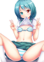 Rule 34 | 1girl, aqua eyes, aqua hair, blue eyes, blue hair, blush, bra, breasts, double v, ebi 193, heterochromia, looking at viewer, matching hair/eyes, mouth hold, navel, panties, red eyes, revision, short hair, simple background, small breasts, smile, solo, striped clothes, striped panties, tatara kogasa, touhou, underwear, v