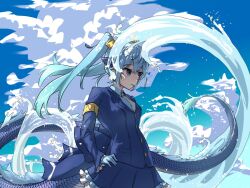 Rule 34 | 1girl, blazer, blue eyes, blue hair, blue sky, closed mouth, dragon girl, dragon tail, gloves, hair ornament, highres, jacket, kemono friends, long hair, necktie, outdoors, sasa fune, seiryuu (kemono friends), shirt, simple background, skirt, sky, solo, tail, twintails, water