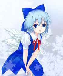Rule 34 | 1girl, bad id, bad pixiv id, blue eyes, blue hair, bow, cirno, hair bow, highres, large bow, leaning forward, light smile, looking at viewer, matching hair/eyes, open mouth, perfect cherry blossom, short hair, smile, snow, snowflakes, solo, touhou, tucana, v arms, wings