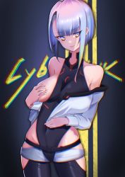 Rule 34 | 1girl, absurdres, bare shoulders, breasts, covered navel, cropped jacket, cyberpunk, cyberpunk (series), cyberpunk edgerunners, eyeliner, grey hair, hand on own chest, highres, hip vent, jacket, leotard, lucy (cyberpunk), medium breasts, one breast out, pants, peco (peco art), red eyeliner, short hair