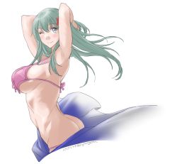 Rule 34 | 1girl, ass, bad anatomy, bikini, blue sarong, blush, breasts, dated, flower, front-tie bikini top, front-tie top, green eyes, green hair, hair between eyes, hair flower, hair ornament, highres, kantai collection, large breasts, long hair, one eye closed, purple bikini, red flower, sarong, simple background, smile, solo, sozan, suzuya (kancolle), swimsuit, twitter username, white background