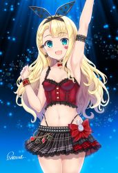 Rule 34 | 1girl, :3, :d, arm strap, arm up, armpits, bare arms, bare shoulders, belt, black choker, black skirt, blonde hair, blue eyes, bow, braid, breasts, choker, cowboy shot, crop top, earrings, frilled shirt, frills, gold trim, hair ribbon, hand up, highleg, highres, jewelry, long hair, looking at viewer, midriff, miniskirt, mononobe alice, mononobe alice (10th costume), navel, nijisanji, open mouth, pleated skirt, radral, red bow, red shirt, ribbon, shirt, skirt, sleeveless, sleeveless shirt, small breasts, smile, solo, spaghetti strap, standing, stomach, studded belt, thighs, upper body, virtual youtuber, wristband