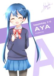 Rule 34 | 1girl, :d, ^ ^, absurdres, arm behind back, black pantyhose, blue hair, blue skirt, blue sweater, blush, bow, bowtie, buttons, character name, closed eyes, collared shirt, cowboy shot, dated, english text, facing viewer, hand up, happy, happy birthday, highres, kin-iro mosaic, komichi aya, long hair, long sleeves, march (sakamoto takuya), open mouth, pantyhose, pleated skirt, red bow, school uniform, shirt, signature, skirt, smile, solo, standing, striped bow, striped bowtie, striped clothes, sweater, twintails, very long hair, white background, white shirt