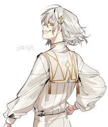 Rule 34 | 1boy, alchemy stars, cane, grey hair, grin, hair ornament, hand on own hip, kyouichi, long sleeves, looking at viewer, looking back, male focus, matthieu (alchemy stars), pants, puffy long sleeves, puffy sleeves, sharp teeth, shirt, shirt tucked in, short hair, simple background, smile, solo, teeth, white background, white pants, white shirt, yellow eyes
