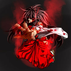 Rule 34 | 1girl, black hair, blood, blood on clothes, detached sleeves, glowing, glowing eyes, hakama, hakama skirt, japanese clothes, long hair, lowres, m.u.g.e.n, nontraditional miko, original, outstretched hand, red eyes, red hakama, rion (glayjirobass), sandals, scar, sendai hakurei no miko, shaded face, skirt, solo, tabi, touhou, wide sleeves