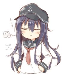Rule 34 | 1girl, akatsuki (kancolle), anchor symbol, ayanepuna, black hair, black hat, black sailor collar, closed eyes, commentary request, flat cap, hands on own hips, hat, highres, kantai collection, long hair, neckerchief, red neckerchief, sailor collar, school uniform, serafuku, simple background, smug, solo, white background