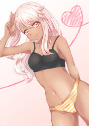 Rule 34 | 1girl, absurdres, armpits, arms behind back, bare arms, bare shoulders, black bra, blush, bow, bow panties, bowtie, bra, bra strap, breasts, camisole, chloe von einzbern, closed mouth, collarbone, cowboy shot, dark-skinned female, dark skin, eyelashes, fate/kaleid liner prisma illya, fate (series), gluteal fold, gradient background, gradient eyes, hair between eyes, hand to head, hand up, heart, heart of string, highres, legs apart, lips, long hair, looking at viewer, multicolored eyes, nanamira bi, navel, one side up, orange bow, orange bowtie, orange eyes, panties, pink hair, side ponytail, small breasts, smile, solo, stomach, striped camisole, striped clothes, striped panties, underwear, underwear only, v, w, yellow eyes