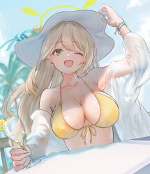 Rule 34 | 1girl, ;d, absurdres, bikini, blue archive, blue sky, bracelet, breasts, cleavage, cloud, commentary request, cup, day, drinking glass, green eyes, green halo, halo, hat, highres, holding, holding cup, jewelry, large breasts, long hair, looking at viewer, marulire, nonomi (blue archive), nonomi (swimsuit) (blue archive), official alternate costume, one eye closed, open mouth, outdoors, sitting, sky, smile, solo, summer, sweat, swimsuit, table, white hat, yellow bikini