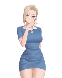 Rule 34 | 1girl, android 18, arm behind back, blonde hair, blue dress, blue eyes, blush, bob cut, collared dress, commentary, commentary request, cowboy shot, dragon ball, dress, english commentary, hair behind ear, hand up, highres, light brown hair, long hair, looking at viewer, monster l (hochihochiha), nail polish, pink nails, short dress, short hair, simple background, skin tight, solo, tight clothes, tight dress, very long hair, white background