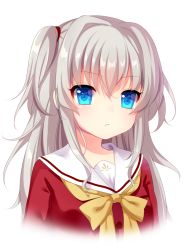 Rule 34 | 10s, 1girl, amashiro natsuki, bad id, bad pixiv id, blue eyes, bow, charlotte (anime), long hair, school uniform, silver hair, simple background, solo, tomori nao, two side up, upper body, white background