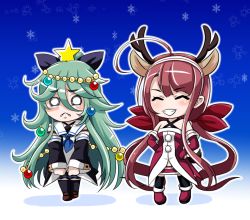 Rule 34 | 10s, 2girls, :&lt;, :d, ^ ^, ahoge, animal ears, antlers, bare shoulders, black legwear, blue background, blush stickers, boots, brown hair, chibi, christmas ornaments, closed eyes, commentary request, crying, crying with eyes open, deer ears, detached sleeves, fake animal ears, frown, gradient background, green hair, grin, hair between eyes, hair ribbon, hairband, hands on own hips, horns, ice crystal, kantai collection, kawakaze (kancolle), long hair, low twintails, multiple girls, o o, open mouth, pleated skirt, red hair, reindeer antlers, ribbon, school uniform, serafuku, shoes, skirt, smile, star (symbol), tearing up, tears, thighhighs, tk8d32, twintails, v arms, very long hair, yamakaze (kancolle), zettai ryouiki