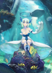 Rule 34 | 1girl, barefoot, blue eyes, blush, breasts, cleavage, collarbone, coral, creatures (company), dress, fish, game freak, gen 2 pokemon, green hair, halo, hide (hideout), highres, jellyfish, legendary pokemon, light rays, liquid halo, lugia, manta ray, nintendo, personification, pokemon, sitting, smile, submerged, underwater, water, white dress