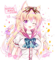 Rule 34 | 1girl, ;d, animal ear fluff, animal ears, bitter crown, blonde hair, blue bow, blush, bow, breasts, cat ears, cat girl, cat tail, commentary request, dated, diagonal stripes, hair between eyes, hair bow, hand up, index finger raised, large breasts, long hair, looking at viewer, one eye closed, open mouth, original, puffy short sleeves, puffy sleeves, purple bow, purple eyes, red sailor collar, sailor collar, school uniform, serafuku, shirt, short sleeves, signature, smile, solo, striped, striped bow, tail, tail bow, tail ornament, tail raised, upper body, very long hair, white shirt