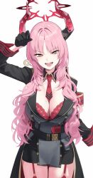 Rule 34 | 1girl, absurdres, black coat, black gloves, blue archive, blush, bra, breasts, cleavage, coat, coin, cowboy shot, demon horns, detached collar, gloves, halo, highres, horns, large breasts, long hair, long sleeves, looking at viewer, mole, mole on breast, necktie, open mouth, pink hair, red bra, red halo, red horns, red necktie, satsuki (blue archive), simple background, smile, solo, tem (tempainting1), underwear, white background, yellow eyes