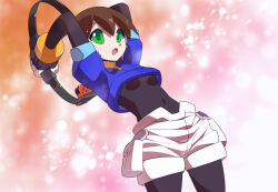Rule 34 | 1girl, aile (mega man zx), armor, arms behind head, black bodysuit, blue jacket, bodysuit, bodysuit under clothes, brown hair, commentary request, covered navel, cropped jacket, green eyes, jacket, joy-con, kaidou zx, mega man (series), mega man zx, ring fit adventure, robot ears, short hair, shorts, solo, sweat, variant set, white shorts