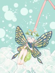 Rule 34 | 1girl, antennae, aqua hair, barefoot, blood, bloody weapon, butterfly wings, closed eyes, dress, drinking straw, eternity larva, fairy, green dress, hair between eyes, highres, holding, holding sword, holding weapon, ice, insect wings, itomugi-kun, leaf, leaf on head, multicolored clothes, multicolored dress, parted lips, short hair, short sleeves, skull, solo, sword, touhou, weapon, wings