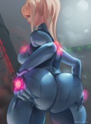 Rule 34 | 1girl, artist name, ass, ass grab, ass support, blonde hair, blue bodysuit, blue eyes, bodysuit, breasts, from behind, grabbing own ass, highres, huge ass, large breasts, long hair, looking at viewer, looking back, metroid, milkriot, nintendo, ponytail, samus aran, solo, thick thighs, thighs, torn bodysuit, torn clothes, zero suit