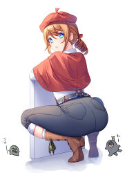 Rule 34 | 1boy, ass, beret, blue eyes, blush, boots, brown hair, capelet, drill hair, edgar valden, from behind, hat, htkku, huge ass, identity v, long hair, looking at viewer, pants, parted lips, solo focus, squatting
