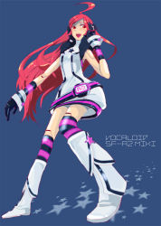 Rule 34 | 1girl, ahoge, android, bad id, bad pixiv id, belt, boots, dress, female focus, full body, gloves, headphones, headset, joints, kneehighs, red eyes, red hair, robot joints, sf-a2 miki, smile, socks, solo, star (symbol), striped clothes, striped gloves, striped socks, vocaloid, wrist cuffs, yuzuhara moke