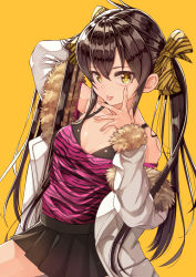 Rule 34 | 1girl, :p, akanbe, animal print, arm up, bare shoulders, black skirt, blush, bow, brown bow, brown eyes, brown hair, closed mouth, commentary request, eyelid pull, fingernails, fur-trimmed jacket, fur-trimmed sleeves, fur trim, hair between eyes, hair bow, highres, idolmaster, idolmaster cinderella girls, jacket, long hair, long sleeves, looking at viewer, matoba risa, migimaki (migi mawashi), off-shoulder shirt, off shoulder, open clothes, open jacket, pleated skirt, print bow, print shirt, shirt, simple background, skirt, smile, solo, tiger print, tongue, tongue out, twintails, very long hair, white jacket, yellow background