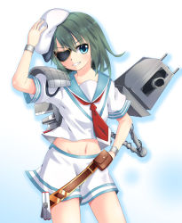 Rule 34 | 10s, 1girl, armor, behe (sky 13), belt, blue eyes, cannon, eyepatch, green hair, hand on own hip, hat, highres, kantai collection, kiso (kancolle), long hair, pauldrons, personification, school uniform, serafuku, shorts, shoulder armor, shoulder cannon, solo