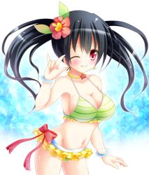 Rule 34 | 10s, 1girl, ;), alternate breast size, bikini, black hair, blush, bow, bracelet, breasts, cleavage, cowboy shot, earrings, female focus, flower, frilled bikini, frills, gradient background, hair flower, hair ornament, highres, jewelry, large breasts, long hair, looking at viewer, love live!, love live! school idol project, m/, natsuiro egao de 1 2 jump!, necklace, one eye closed, osashin (osada), red eyes, smile, solo, star (symbol), star earrings, striped bikini, striped clothes, swimsuit, twintails, yazawa nico