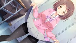 Rule 34 | 1girl, :&gt;, black pantyhose, blush, bow, brown hair, closed mouth, clothes lift, collarbone, dutch angle, feet out of frame, female focus, fuyuichi monme, game cg, grey skirt, hair ornament, hairclip, half-closed eyes, highres, indoors, izumi konatsu, jacket, legs apart, looking at viewer, official art, pantyhose, pink jacket, pleated skirt, purple bow, ren&#039;ai karichaimashita, shirt, skirt, skirt lift, smile, solo, standing, white shirt, x hair ornament, yellow eyes