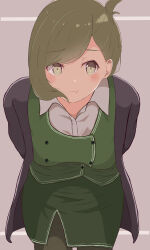 Rule 34 | 1girl, :t, absurdres, arms behind back, black cardigan, blush, cardigan, green hair, green skirt, green vest, grey hair, heavenly peach, highres, idolmaster, idolmaster shiny colors, leaning forward, looking at viewer, nanakusa hazuki, office lady, open collar, pantyhose, pencil skirt, pout, shirt, simple background, single sidelock, skirt, solo, swept bangs, vest, white shirt
