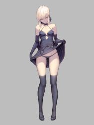 Rule 34 | 1girl, absurdres, artoria pendragon (all), artoria pendragon (fate), bare shoulders, black dress, black footwear, black gloves, black panties, black thighhighs, blonde hair, breasts, choker, clothes lift, collarbone, dress, dress lift, egk513, elbow gloves, empty eyes, fate/grand order, fate (series), female focus, full body, gloves, grey background, halter dress, halterneck, highres, lifted by self, looking at viewer, panties, saber alter, shoes, short hair, simple background, sleeveless, sleeveless dress, small breasts, solo, spaghetti strap, standing, thighhighs, thighs, underwear, yellow eyes