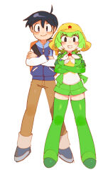 Rule 34 | 1boy, 1girl, arms under breasts, batrobin k, black eyes, black hair, blush, boots, breast lift, breasts, character request, cleavage, closed mouth, crossed arms, green footwear, green hair, grin, highres, keroro gunsou, large breasts, looking at viewer, personification, simple background, smile, teeth, thigh boots, white background