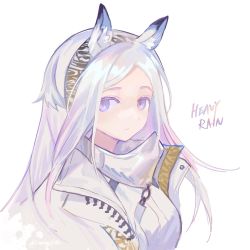Rule 34 | 1girl, animal ear fluff, animal ears, arknights, blue eyes, character name, expressionless, hairband, heavyrain (arknights), highres, horse ears, jacket, looking at viewer, mayf42, shirt, simple background, solo, upper body, white background, white hair, white jacket, white shirt