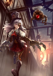 Rule 34 | 1girl, :o, android, artificial eye, ascot, backlighting, belt, black footwear, black hat, black vest, boots, building, claws, cloud, cloudy sky, cross-laced footwear, evening, flying, full body, gears, hat, knee boots, lace-up boots, lamppost, looking to the side, mechanical arms, mechanical eye, mechanical legs, motion blur, open mouth, original, outdoors, pleated skirt, propeller, puffy short sleeves, puffy sleeves, red ascot, red eyes, red skirt, robot, running, ryosios, shirt, short sleeves, silver hair, single mechanical arm, skirt, sky, solo, steampunk, sunlight, sunset, swept bangs, top hat, town, vest, white shirt