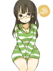 Rule 34 | 1girl, between legs, black eyes, black hair, breasts, cleavage, dress, female focus, glasses, hand between legs, head tilt, jewelry, long hair, long sleeves, looking at viewer, necklace, nico robin, one piece, one piece: strong world, ponytail, simple background, solo, striped clothes, striped dress, striped sweater, sweater, sweater dress, white background, yukke