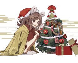 Rule 34 | 1girl, blanket, brown hair, christmas ornaments, christmas tree, flower, hat, long hair, long sleeves, mouse (animal), open mouth, original, red eyes, red flower, santa hat, shio (s alt shio), slippers, smile, solo, white footwear