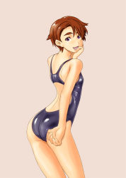 Rule 34 | 1girl, arched back, ass, back, bad id, bad pixiv id, blue one-piece swimsuit, brown hair, competition swimsuit, eyebrows, from side, hand on own chin, hand on own face, legs together, looking at viewer, one-piece swimsuit, open mouth, planetes, shoko (moccom), short hair, simple background, skin tight, solo, standing, swept bangs, swimsuit, tanabe ai, thick eyebrows, thighs