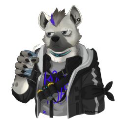 Rule 34 | 1boy, arknights, asumono krom, drink, drinking straw, earrings, eyebrow piercing, furry, furry male, grey shirt, highres, holding, holding drink, hyena boy, infection monitor (arknights), jacket, jewelry, looking to the side, male focus, milk, milk carton, multicolored hair, open clothes, open jacket, piercing, shirt, simple background, solo, spot (arknights), streaked hair, twitter username, white background