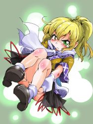 Rule 34 | 1girl, arm warmers, blonde hair, frown, green eyes, mizuhashi parsee, pointy ears, scarf, shinapuu, short hair, solo, tears, touhou