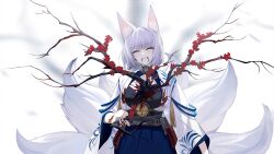 1girl animal_ears azur_lane blood blood_from_mouth blood_on_clothes bloom blunt_bangs branch breasts choker cleavage closed_eyes flower fox_ears fox_girl fox_tail game_cg highres japanese_clothes kaga_(azur_lane) kimono kitsune kyuubi long_sleeves medium_breasts medium_eyebrows multiple_tails non-web_source official_art open_mouth red_flower short_hair solo tail white_hair wide_sleeves