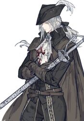 Rule 34 | 1girl, ascot, black bow, black coat, black hat, blood, blood on clothes, bloodborne, bow, brown cape, cape, closed mouth, coat, crossed arms, gougougougou, hair bow, hat, hat feather, highres, lady maria of the astral clocktower, sheath, sheathed, simple background, solo, standing, sword, tricorne, weapon, white ascot, white background, white hair