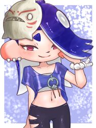 Rule 34 | 1girl, black pants, blue background, blue hair, blue shawl, border, chest sarashi, collarbone, commentary request, cowboy shot, earrings, gasshi555, highres, jewelry, long hair, mask, midriff, navel, nintendo, octoling, pants, red eyes, sarashi, shawl, shiver (splatoon), smile, solo, splatoon (series), splatoon 3, tentacle hair, tooth earrings, torn clothes, torn pants, unworn mask, white border