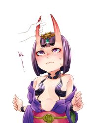 Rule 34 | 1girl, arms at sides, breasts, commentary request, disembodied limb, embarrassed, fate/grand order, fate (series), hair ornament, highres, horn grab, horns, japanese clothes, kimono, looking up, off shoulder, oni, purple eyes, purple hair, sash, short hair, shuten douji (fate), simple background, skin-covered horns, small breasts, solo, sweatdrop, thick eyebrows, wavy mouth, white background
