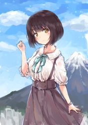 Rule 34 | 1girl, blouse, blue ribbon, blue sky, blush, brown hair, brown skirt, closed mouth, cloud, commentary request, copyright request, day, head tilt, high-waist skirt, highres, idolmaster, idolmaster cinderella girls, looking at viewer, minikon, mountain, neck ribbon, ribbon, shirt, short hair, sketch, skirt, sky, smile, solo, standing, suspender skirt, suspenders, takafuji kako, upper body, watch, wing collar, wristwatch, yellow eyes