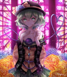 Rule 34 | 1girl, backlighting, bad id, bad pixiv id, bare shoulders, black hat, blood, bloody tears, blue flower, blue rose, bow, breasts, cleavage, collarbone, cowboy shot, crying, crying with eyes open, eyeball, floral print, flower, frilled sleeves, frills, green eyes, green hair, green skirt, hat, hat bow, hat flower, heart, heart of string, highres, komeiji koishi, long sleeves, looking at viewer, matching hair/eyes, needle, off shoulder, rose, sewing needle, sheya, shirt, short hair, skirt, small breasts, smile, solo, stained glass, stitched, stitches, tears, third-party edit, third eye, touhou, wide sleeves, yellow bow, yellow flower, yellow rose, yellow shirt