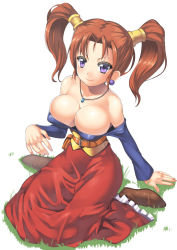 Rule 34 | 1girl, bare shoulders, breasts, brown hair, bursting breasts, cleavage, dragon quest, dragon quest viii, earrings, jessica albert, jewelry, large breasts, long hair, looking at viewer, low neckline, nagase haruhito, purple eyes, purple shirt, shirt, sitting, smile, solo, square enix, twintails, wariza