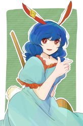Rule 34 | 1girl, animal ears, bad id, bad pixiv id, blue dress, blue hair, rabbit ears, rabbit tail, dress, hammer, open mouth, red eyes, seiran (touhou), solo, tail, tama (hiroshige 36), touhou