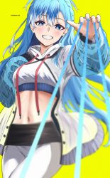 Rule 34 | 1girl, absurdres, blue eyes, blue hair, cowboy shot, drawstring, grin, hand up, highres, hololive, hololive indonesia, jacket, kobo kanaeru, long hair, long sleeves, looking at viewer, midriff, mymzi, navel, open clothes, open jacket, pants, raincoat, simple background, smile, solo, standing, stomach, tight clothes, tight pants, twitter username, very long hair, virtual youtuber, white jacket, yellow background