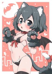 Rule 34 | animal ears, animal hands, bat wings, bikini, black eyes, black hair, black legwear, blush, breasts, cat ears, cat tail, claw pose, cleavage, collar, collarbone, fang, gloves, highres, hipes, kaban (kemono friends), kemono friends, navel, open mouth, paw gloves, paw shoes, ransusan, sweat, swimsuit, tail, thighhighs, wings